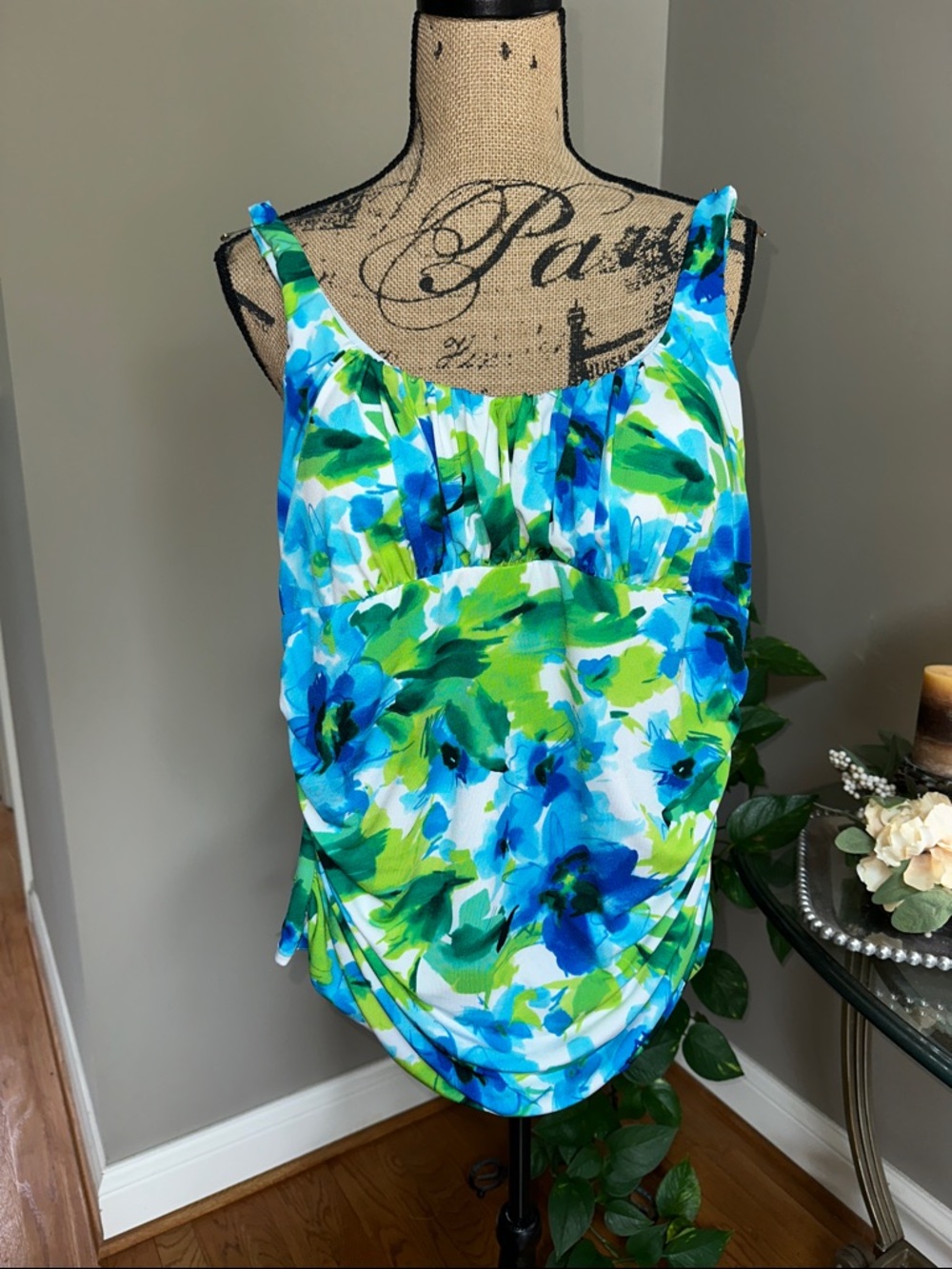 Blue & Green Floral Scoop-Neck Swim Top only  - Women's size 12 NWT